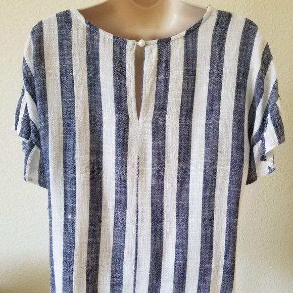 Whispers New York Womens 100% Linen Ruffle Sleeve Top Blouse Blue White Stripe S - Picture 3 of 4